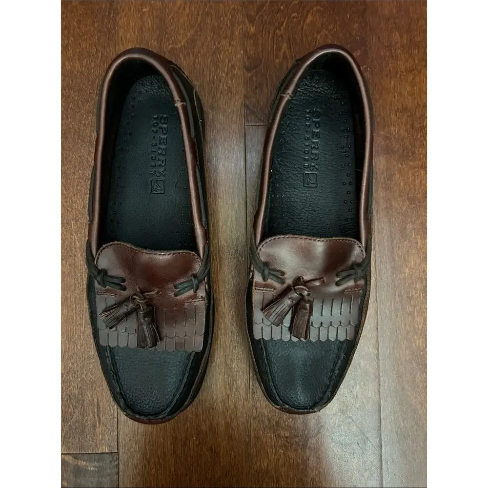 Sperry Top Sider Two-Tone Black and Brown Leather Tassel Loafers, Size 10.5